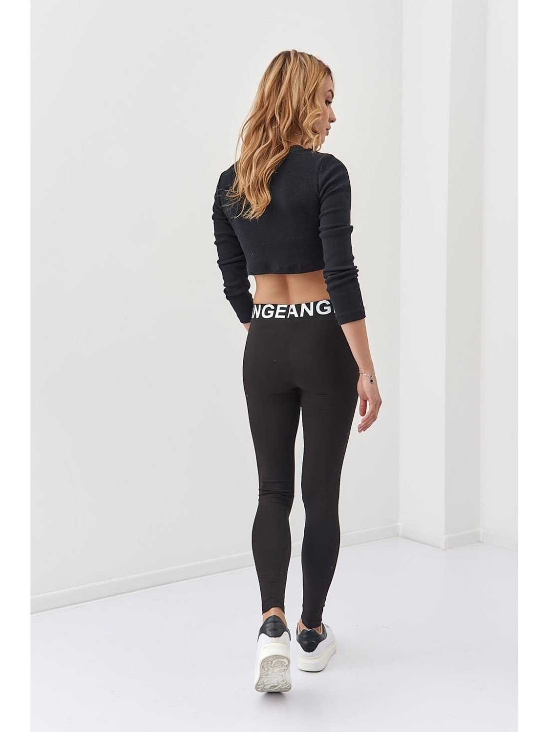 Cotton leggings with an inscription at the waist, black 03153 - Online store - Boutique